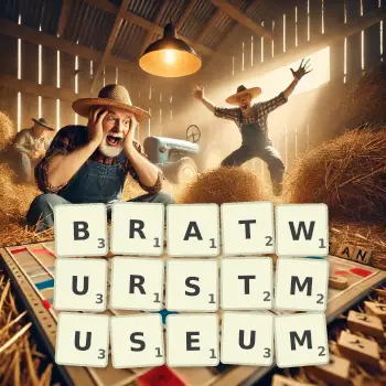 Kreative Illustration für ein Scrabble-Spiel, bei dem das Wort BRATWURSTMUSEUM mit Steinen auf dem Brett gelegt wurde.
