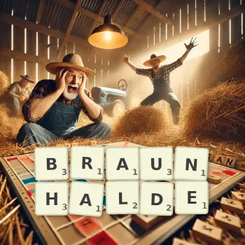 Kreative Illustration für ein Scrabble-Spiel, bei dem das Wort BRAUNHALDE mit Steinen auf dem Brett gelegt wurde.