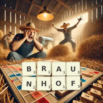 Kreative Illustration für ein Scrabble-Spiel, bei dem das Wort BRAUNHOF mit Steinen auf dem Brett gelegt wurde.