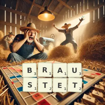 Kreative Illustration für ein Scrabble-Spiel, bei dem das Wort BRAUSTET mit Steinen auf dem Brett gelegt wurde.