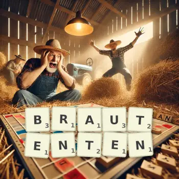 Kreative Illustration für ein Scrabble-Spiel, bei dem das Wort BRAUTENTEN mit Steinen auf dem Brett gelegt wurde.