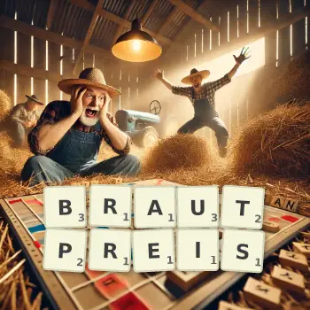 Kreative Illustration für ein Scrabble-Spiel, bei dem das Wort BRAUTPREIS mit Steinen auf dem Brett gelegt wurde.