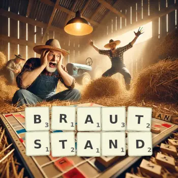 Kreative Illustration für ein Scrabble-Spiel, bei dem das Wort BRAUTSTAND mit Steinen auf dem Brett gelegt wurde.