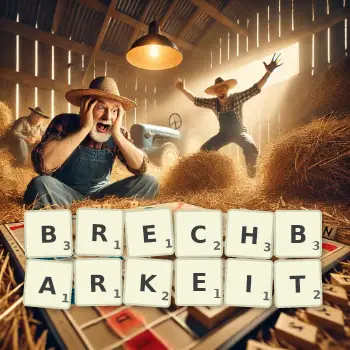 Kreative Illustration für ein Scrabble-Spiel, bei dem das Wort BRECHBARKEIT mit Steinen auf dem Brett gelegt wurde.