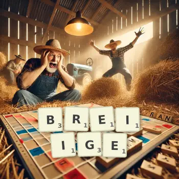 Kreative Illustration für ein Scrabble-Spiel, bei dem das Wort BREIIGE mit Steinen auf dem Brett gelegt wurde.