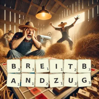 Kreative Illustration für ein Scrabble-Spiel, bei dem das Wort BREITBANDZUG mit Steinen auf dem Brett gelegt wurde.