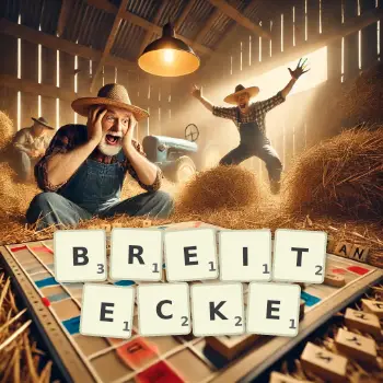 Kreative Illustration für ein Scrabble-Spiel, bei dem das Wort BREITECKE mit Steinen auf dem Brett gelegt wurde.