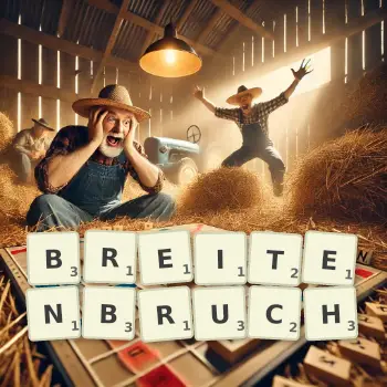 Kreative Illustration für ein Scrabble-Spiel, bei dem das Wort BREITENBRUCH mit Steinen auf dem Brett gelegt wurde.