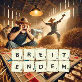 Kreative Illustration für ein Scrabble-Spiel, bei dem das Wort BREITENDEM mit Steinen auf dem Brett gelegt wurde.