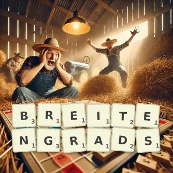 Kreative Illustration für ein Scrabble-Spiel, bei dem das Wort BREITENGRADS mit Steinen auf dem Brett gelegt wurde.