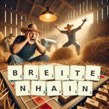 Kreative Illustration für ein Scrabble-Spiel, bei dem das Wort BREITENHAIN mit Steinen auf dem Brett gelegt wurde.