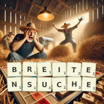 Kreative Illustration für ein Scrabble-Spiel, bei dem das Wort BREITENSUCHE mit Steinen auf dem Brett gelegt wurde.