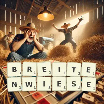 Kreative Illustration für ein Scrabble-Spiel, bei dem das Wort BREITENWIESE mit Steinen auf dem Brett gelegt wurde.