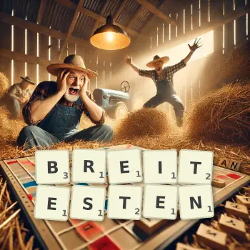 Kreative Illustration für ein Scrabble-Spiel, bei dem das Wort BREITESTEN mit Steinen auf dem Brett gelegt wurde.
