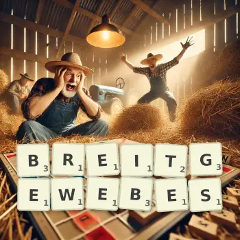 Kreative Illustration für ein Scrabble-Spiel, bei dem das Wort BREITGEWEBES mit Steinen auf dem Brett gelegt wurde.