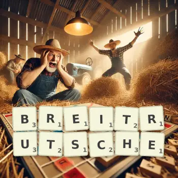 Kreative Illustration für ein Scrabble-Spiel, bei dem das Wort BREITRUTSCHE mit Steinen auf dem Brett gelegt wurde.