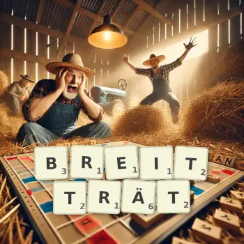 Kreative Illustration für ein Scrabble-Spiel, bei dem das Wort BREITTRÄT mit Steinen auf dem Brett gelegt wurde.