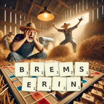 Kreative Illustration für ein Scrabble-Spiel, bei dem das Wort BREMSERIN mit Steinen auf dem Brett gelegt wurde.