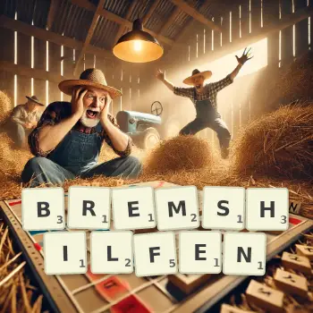 Kreative Illustration für ein Scrabble-Spiel, bei dem das Wort BREMSHILFEN mit Steinen auf dem Brett gelegt wurde.