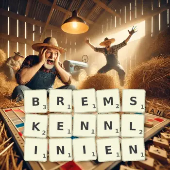 Kreative Illustration für ein Scrabble-Spiel, bei dem das Wort BREMSKENNLINIEN mit Steinen auf dem Brett gelegt wurde.