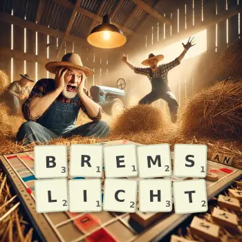 Kreative Illustration für ein Scrabble-Spiel, bei dem das Wort BREMSLICHT mit Steinen auf dem Brett gelegt wurde.