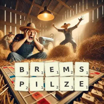 Kreative Illustration für ein Scrabble-Spiel, bei dem das Wort BREMSPILZE mit Steinen auf dem Brett gelegt wurde.