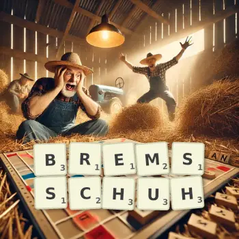 Kreative Illustration für ein Scrabble-Spiel, bei dem das Wort BREMSSCHUH mit Steinen auf dem Brett gelegt wurde.