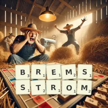 Kreative Illustration für ein Scrabble-Spiel, bei dem das Wort BREMSSTROM mit Steinen auf dem Brett gelegt wurde.