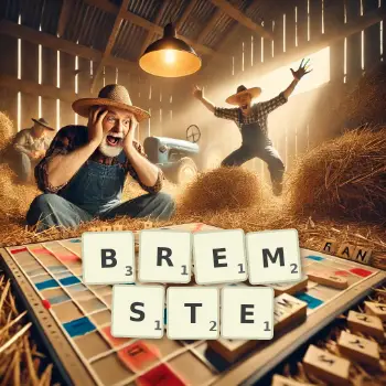 Kreative Illustration für ein Scrabble-Spiel, bei dem das Wort BREMSTE mit Steinen auf dem Brett gelegt wurde.