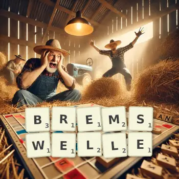 Kreative Illustration für ein Scrabble-Spiel, bei dem das Wort BREMSWELLE mit Steinen auf dem Brett gelegt wurde.
