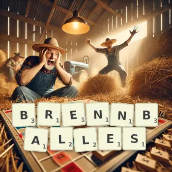 Kreative Illustration für ein Scrabble-Spiel, bei dem das Wort BRENNBALLES mit Steinen auf dem Brett gelegt wurde.