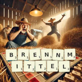 Kreative Illustration für ein Scrabble-Spiel, bei dem das Wort BRENNMITTEL mit Steinen auf dem Brett gelegt wurde.