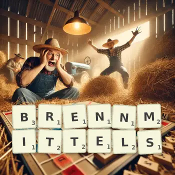 Kreative Illustration für ein Scrabble-Spiel, bei dem das Wort BRENNMITTELS mit Steinen auf dem Brett gelegt wurde.