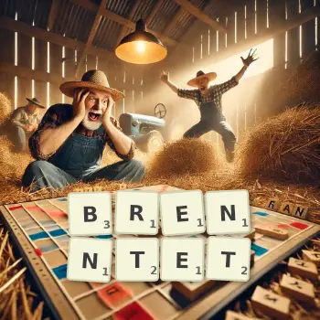 Kreative Illustration für ein Scrabble-Spiel, bei dem das Wort BRENNTET mit Steinen auf dem Brett gelegt wurde.