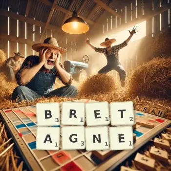 Kreative Illustration für ein Scrabble-Spiel, bei dem das Wort BRETAGNE mit Steinen auf dem Brett gelegt wurde.