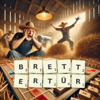 Kreative Illustration für ein Scrabble-Spiel, bei dem das Wort BRETTERTÜR mit Steinen auf dem Brett gelegt wurde.