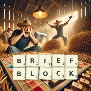 Kreative Illustration für ein Scrabble-Spiel, bei dem das Wort BRIEFBLOCK mit Steinen auf dem Brett gelegt wurde.