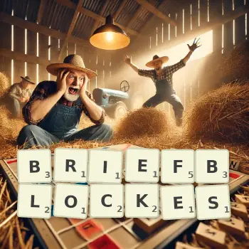 Kreative Illustration für ein Scrabble-Spiel, bei dem das Wort BRIEFBLOCKES mit Steinen auf dem Brett gelegt wurde.