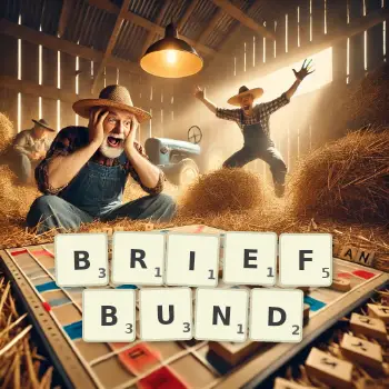 Kreative Illustration für ein Scrabble-Spiel, bei dem das Wort BRIEFBUND mit Steinen auf dem Brett gelegt wurde.