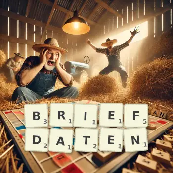 Kreative Illustration für ein Scrabble-Spiel, bei dem das Wort BRIEFDATEN mit Steinen auf dem Brett gelegt wurde.