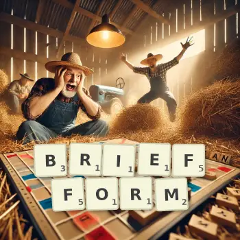Kreative Illustration für ein Scrabble-Spiel, bei dem das Wort BRIEFFORM mit Steinen auf dem Brett gelegt wurde.