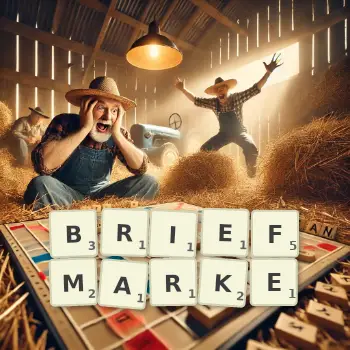 Kreative Illustration für ein Scrabble-Spiel, bei dem das Wort BRIEFMARKE mit Steinen auf dem Brett gelegt wurde.