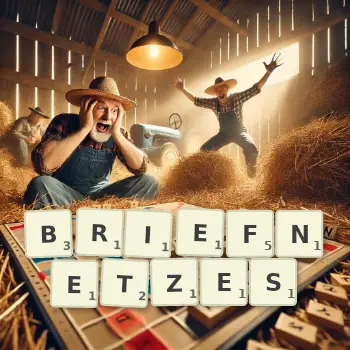 Kreative Illustration für ein Scrabble-Spiel, bei dem das Wort BRIEFNETZES mit Steinen auf dem Brett gelegt wurde.