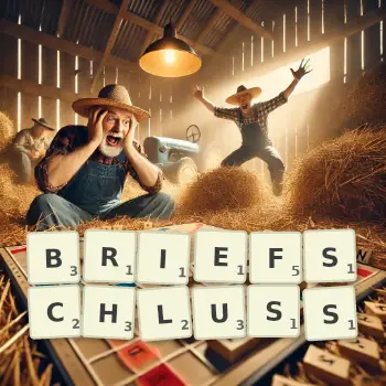Kreative Illustration für ein Scrabble-Spiel, bei dem das Wort BRIEFSCHLUSS mit Steinen auf dem Brett gelegt wurde.