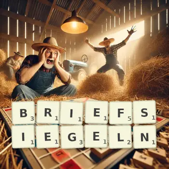 Kreative Illustration für ein Scrabble-Spiel, bei dem das Wort BRIEFSIEGELN mit Steinen auf dem Brett gelegt wurde.
