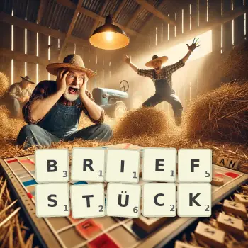 Kreative Illustration für ein Scrabble-Spiel, bei dem das Wort BRIEFSTÜCK mit Steinen auf dem Brett gelegt wurde.