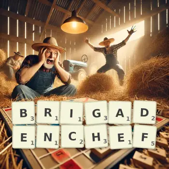 Kreative Illustration für ein Scrabble-Spiel, bei dem das Wort BRIGADENCHEF mit Steinen auf dem Brett gelegt wurde.