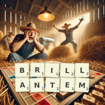 Kreative Illustration für ein Scrabble-Spiel, bei dem das Wort BRILLANTEM mit Steinen auf dem Brett gelegt wurde.