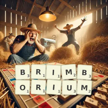 Kreative Illustration für ein Scrabble-Spiel, bei dem das Wort BRIMBORIUM mit Steinen auf dem Brett gelegt wurde.