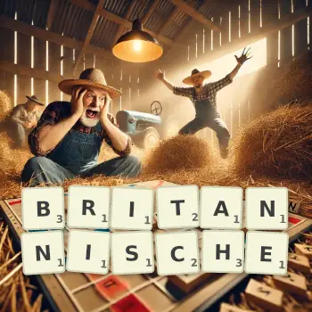 Kreative Illustration für ein Scrabble-Spiel, bei dem das Wort BRITANNISCHE mit Steinen auf dem Brett gelegt wurde.